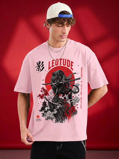 Leotude Men's Samurai Panther Printed T-Shirt — Pink Oversized Graphic Tee