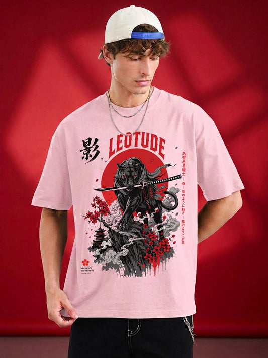 Leotude Men's Samurai Panther Printed T-Shirt — Pink Oversized Graphic Tee