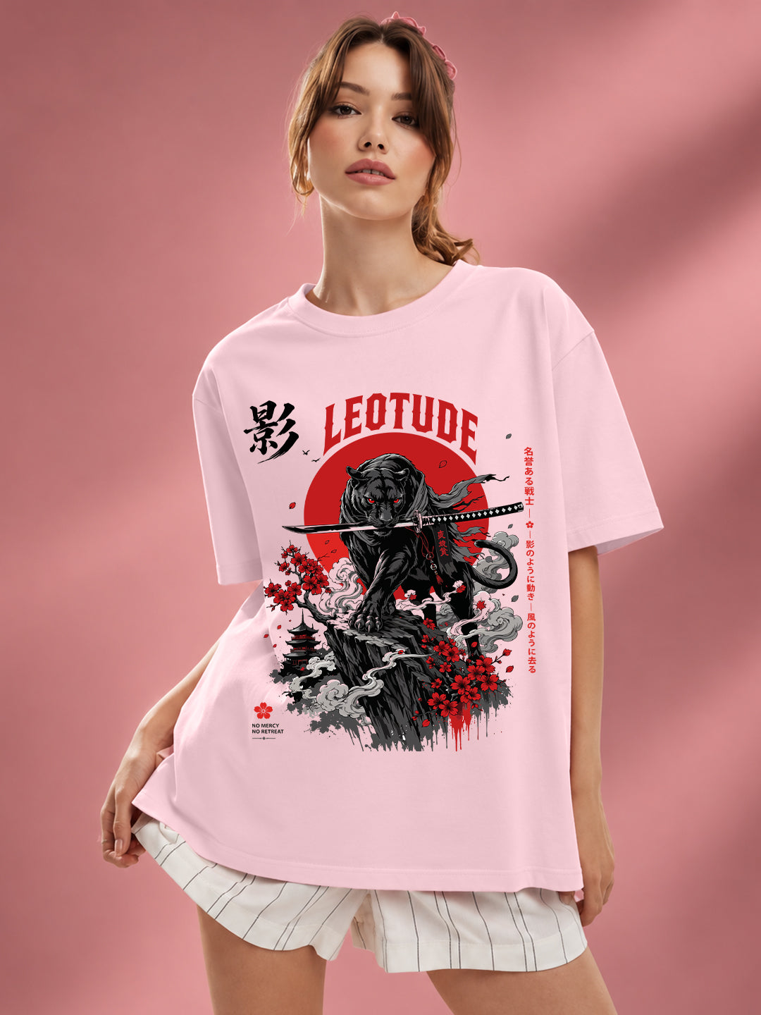 Leotude Women's Samurai Panther Printed T-Shirt — Pink Oversized Graphic Tee