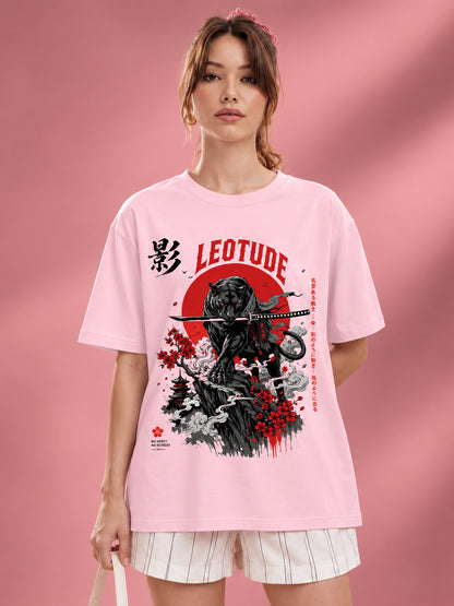 Leotude Women's Samurai Panther Printed T-Shirt — Pink Oversized Graphic Tee
