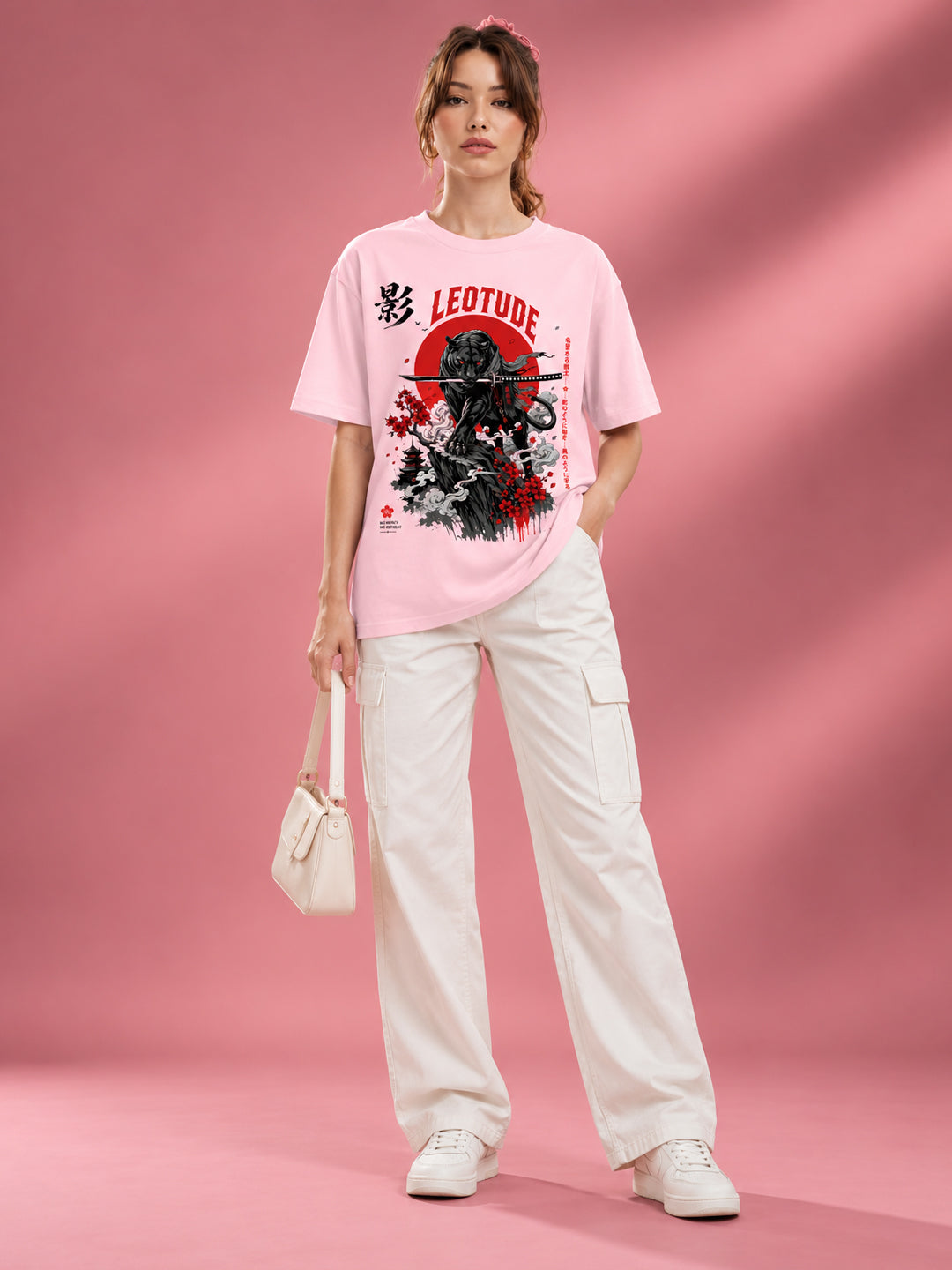 Leotude Women's Samurai Panther Printed T-Shirt — Pink Oversized Graphic Tee
