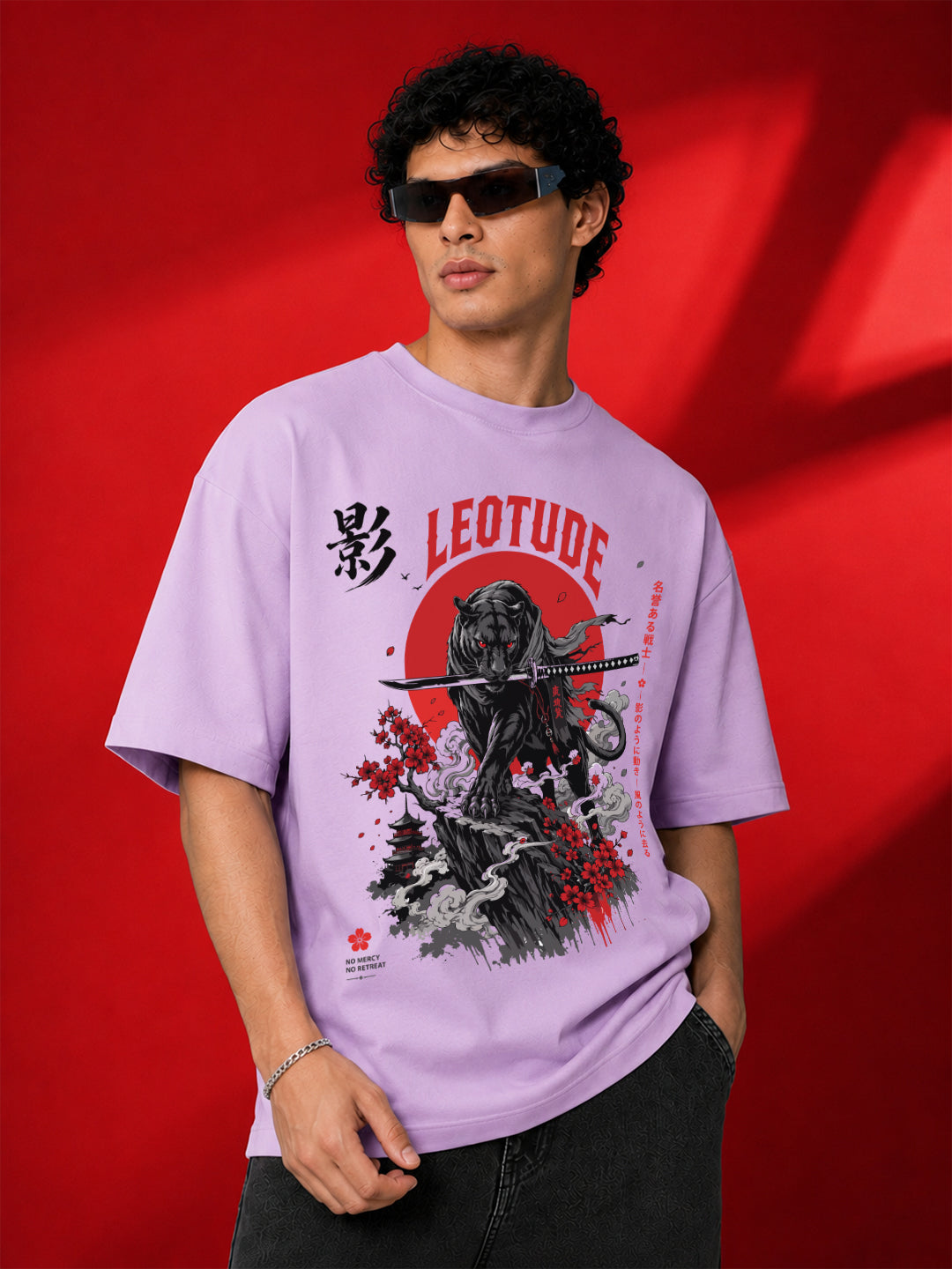 Leotude Men's Samurai Panther Printed T-Shirt — Purple Oversized Graphic Tee