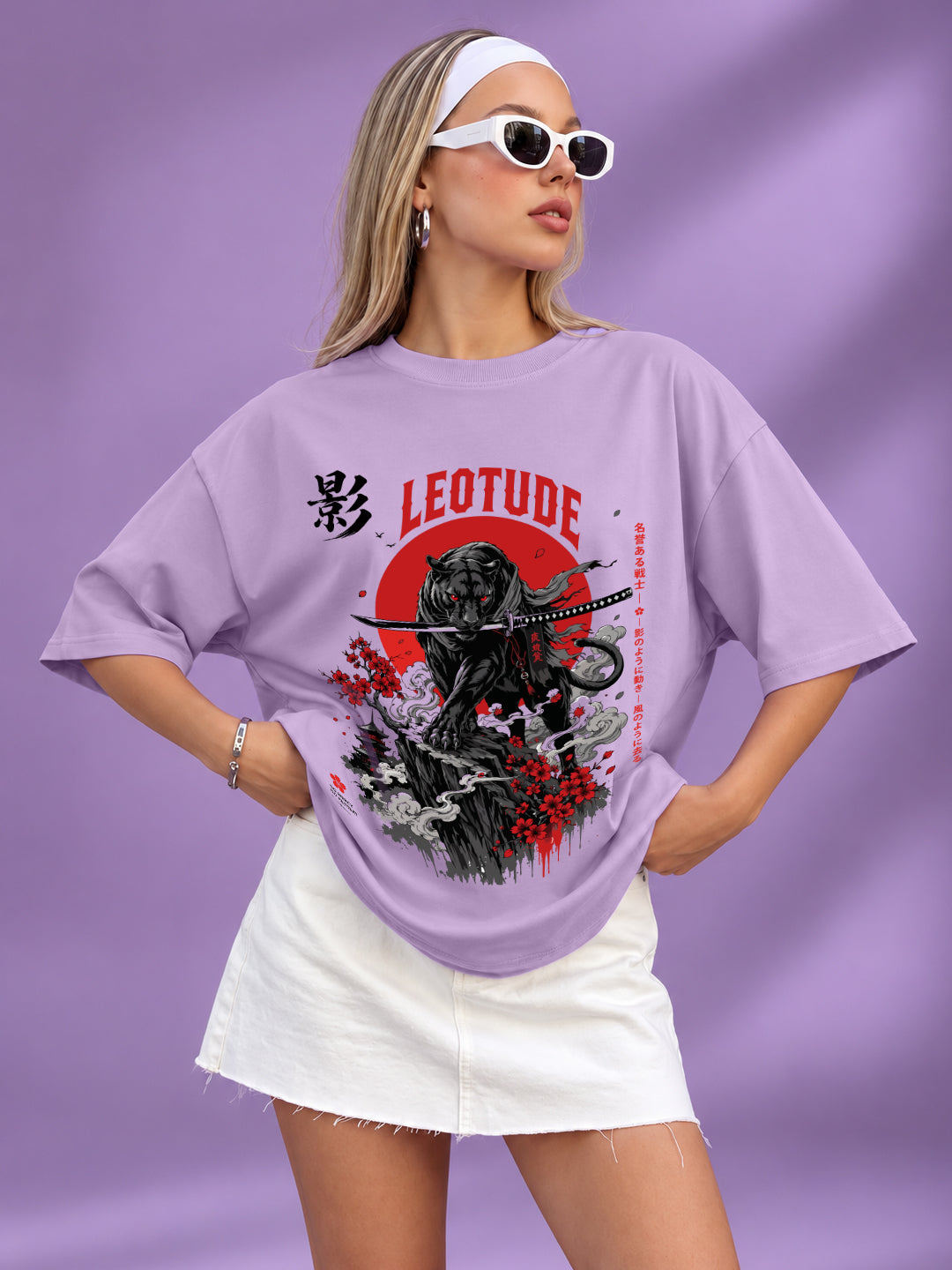 Leotude Women's Samurai Panther Printed T-Shirt — Purple Oversized Graphic Tee