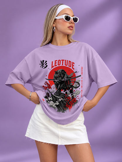 Leotude Women's Samurai Panther Printed T-Shirt — Purple Oversized Graphic Tee
