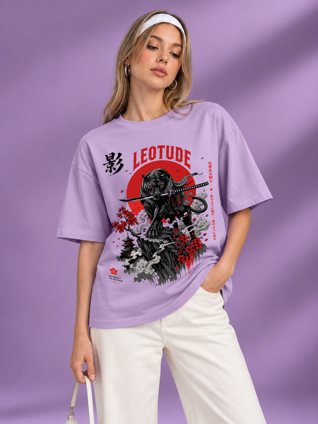 Leotude Women's Samurai Panther Printed T-Shirt — Purple Oversized Graphic Tee