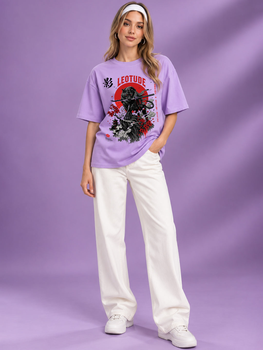 Leotude Women's Samurai Panther Printed T-Shirt — Purple Oversized Graphic Tee