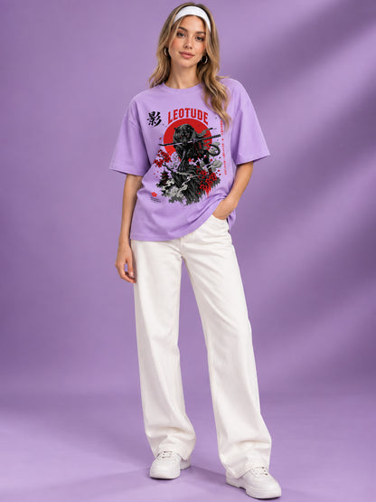 Leotude Women's Samurai Panther Printed T-Shirt — Purple Oversized Graphic Tee