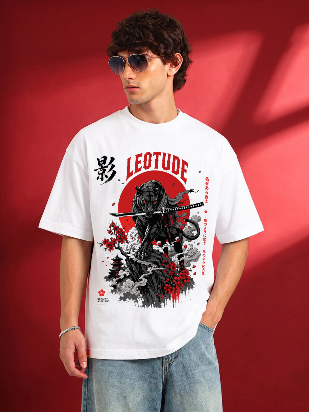 Leotude Men's Samurai Panther Printed T-Shirt — White Oversized Graphic Tee