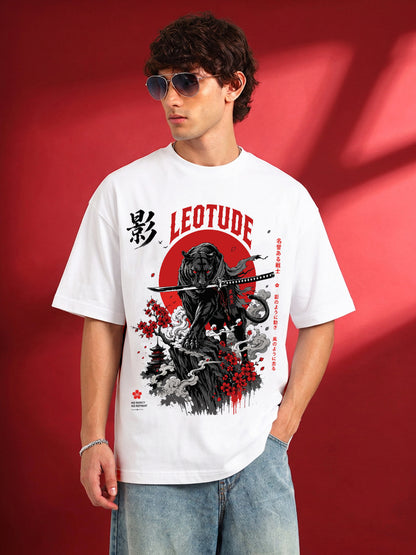 Leotude Men's Samurai Panther Printed T-Shirt — White Oversized Graphic Tee