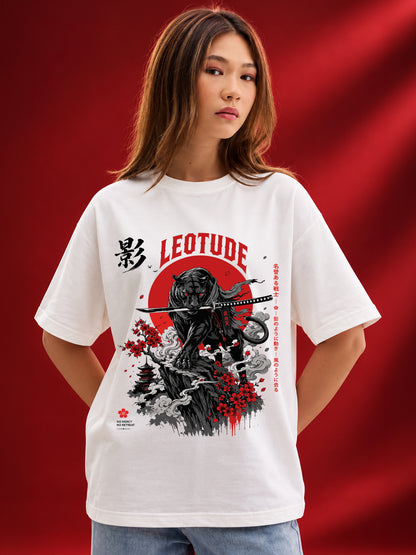 Leotude Women's Samurai Panther Printed T-Shirt — White Oversized Graphic Tee