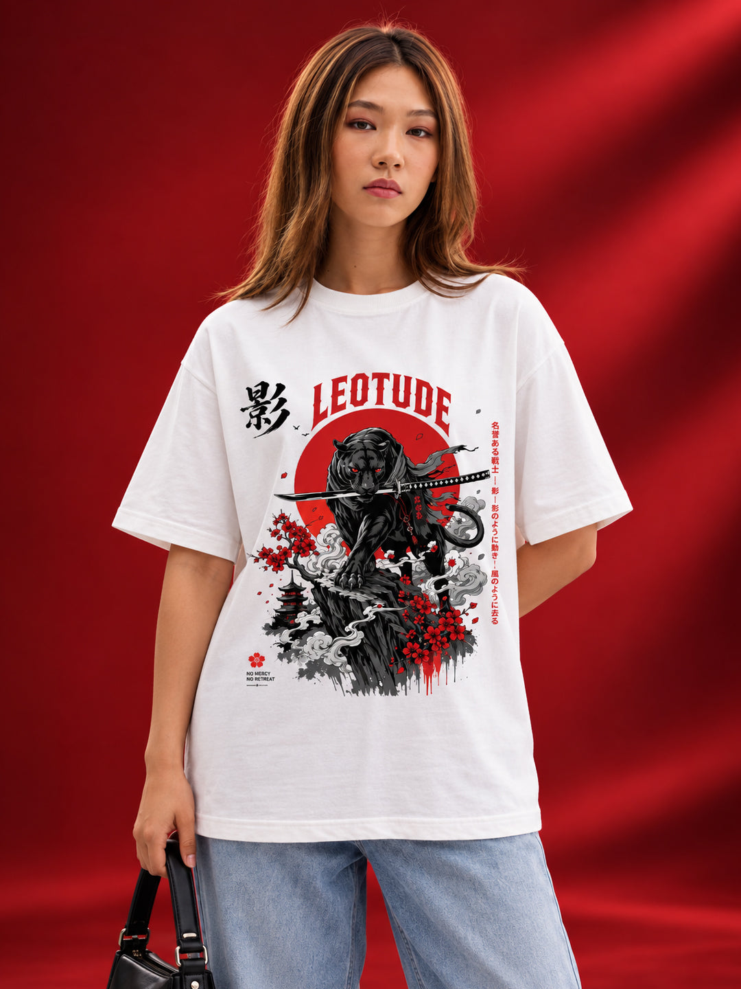 Leotude Women's Samurai Panther Printed T-Shirt — White Oversized Graphic Tee