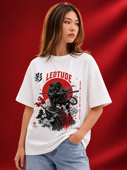 Leotude Women's Samurai Panther Printed T-Shirt — White Oversized Graphic Tee