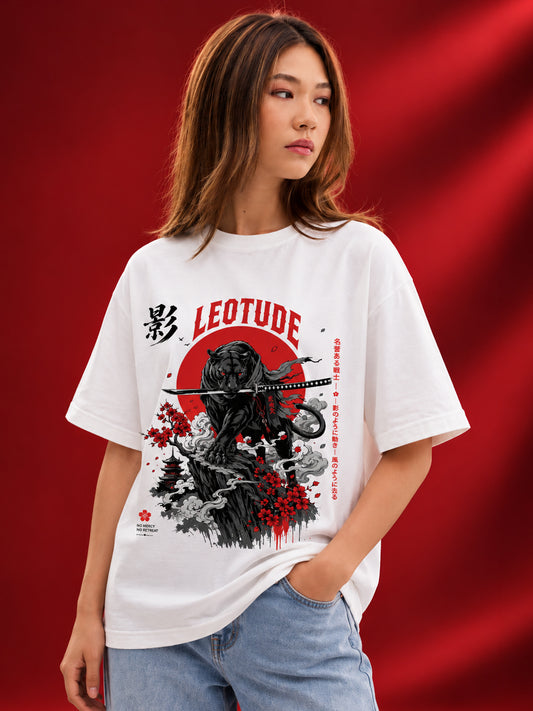 Leotude Women's Samurai Panther Printed T-Shirt — White Oversized Graphic Tee