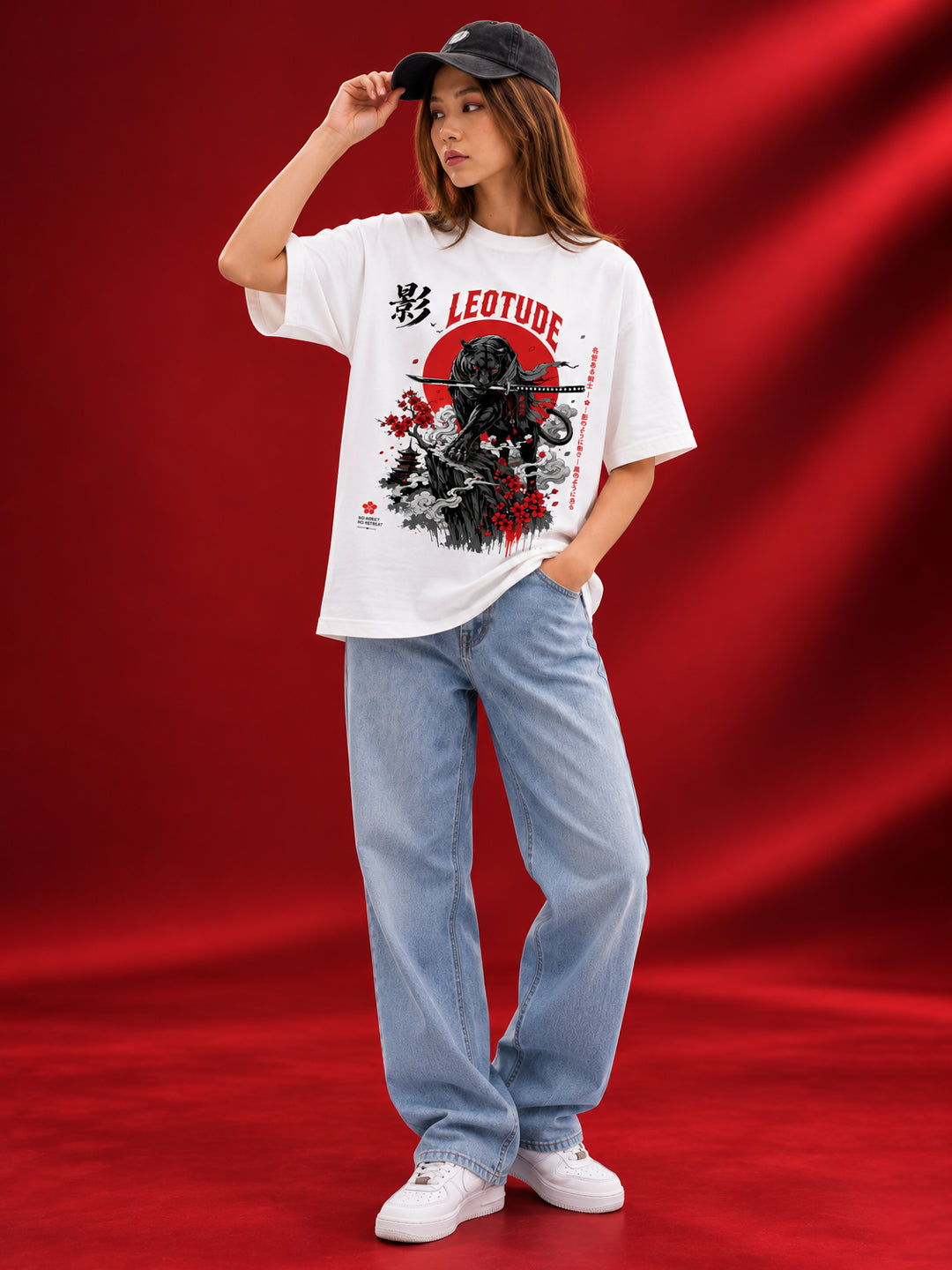 Leotude Women's Samurai Panther Printed T-Shirt — White Oversized Graphic Tee