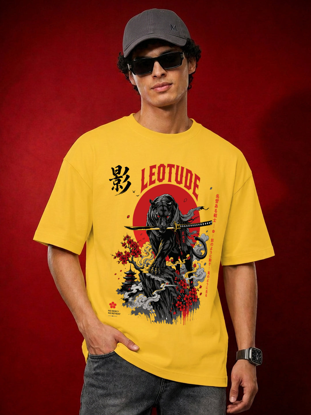 Leotude Men's Samurai Panther Printed T-Shirt — Yellow Oversized Graphic Tee