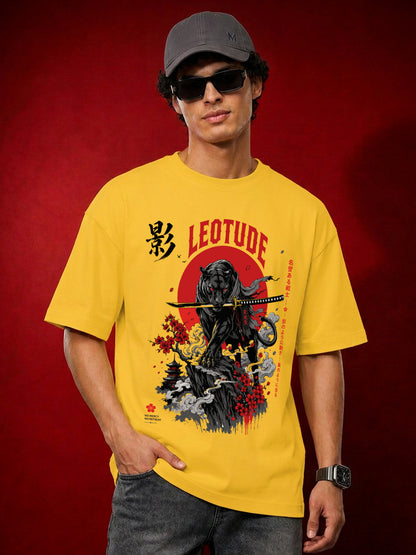 Leotude Men's Samurai Panther Printed T-Shirt — Yellow Oversized Graphic Tee