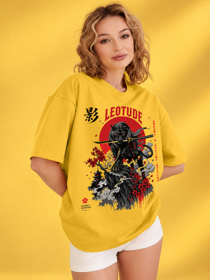 Leotude Women's Samurai Panther Printed T-Shirt — Yellow Oversized Graphic Tee