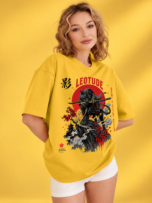 Leotude Women's Samurai Panther Printed T-Shirt — Yellow Oversized Graphic Tee