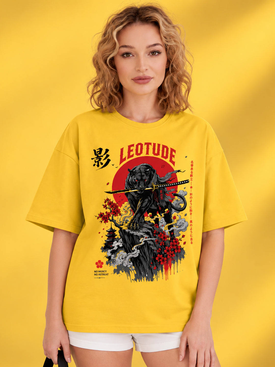 Leotude Women's Samurai Panther Printed T-Shirt — Yellow Oversized Graphic Tee