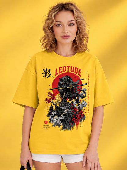 Leotude Women's Samurai Panther Printed T-Shirt — Yellow Oversized Graphic Tee