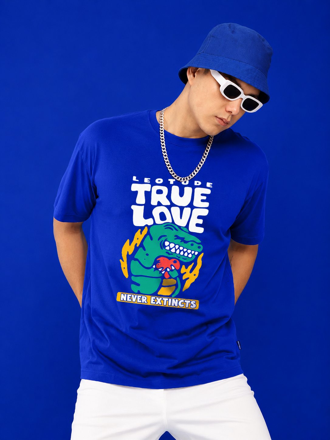 Leotude Men's "True Love" Dino Print T-Shirt — Royal Blue Streetwear Tee