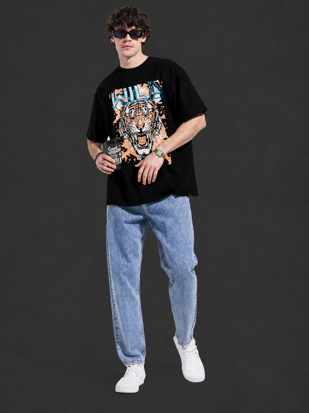 Leotude Men's "Wild" Tiger Print Oversized T-Shirt — Black Streetwear Tee