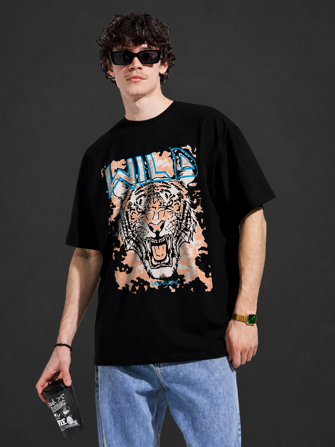 Leotude Men's "Wild" Tiger Print Oversized T-Shirt — Black Streetwear Tee