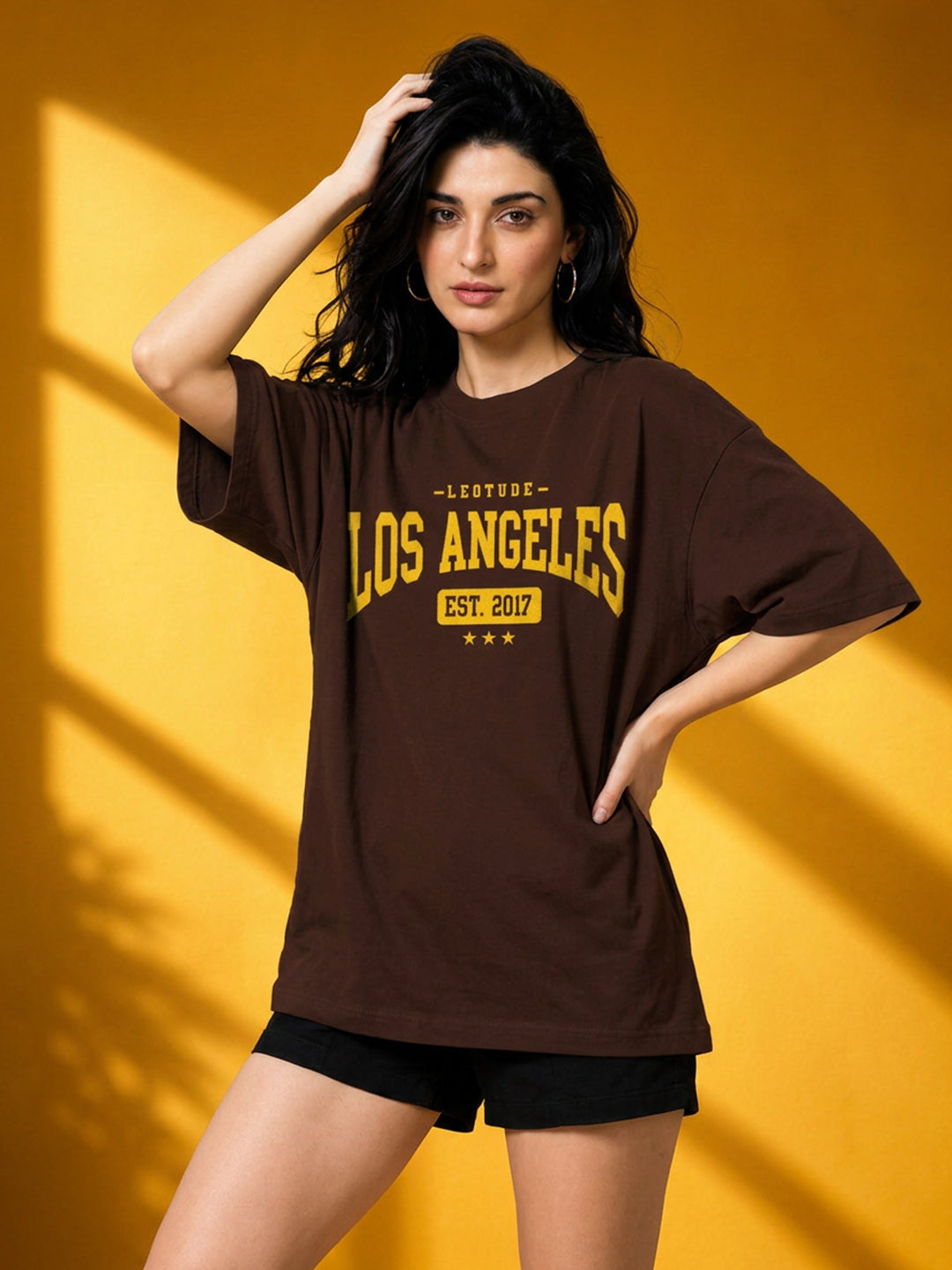 Leotude Brown Los Angeles Printed Oversized Tshirt for Women