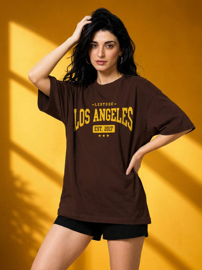 Leotude Brown Los Angeles Printed Oversized Tshirt for Women