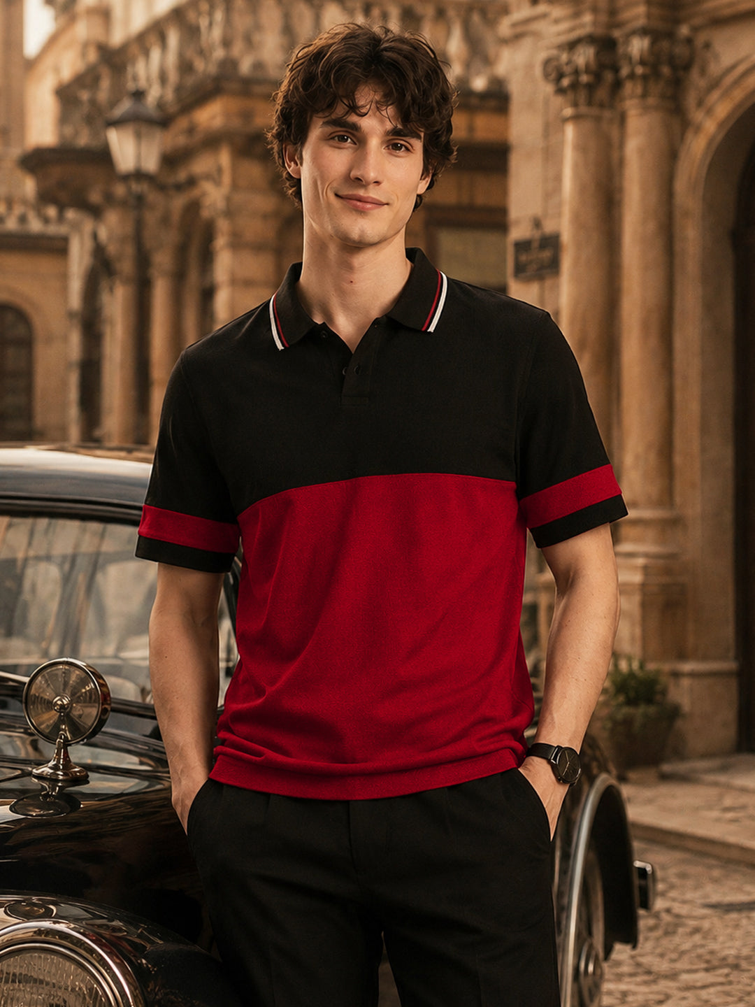 Leotude Men's Black Red Colour Block Polo T-Shirt