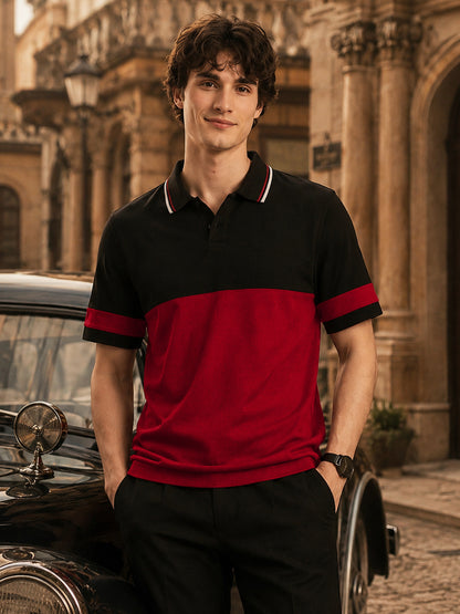 Leotude Men's Black Red Colour Block Polo T-Shirt