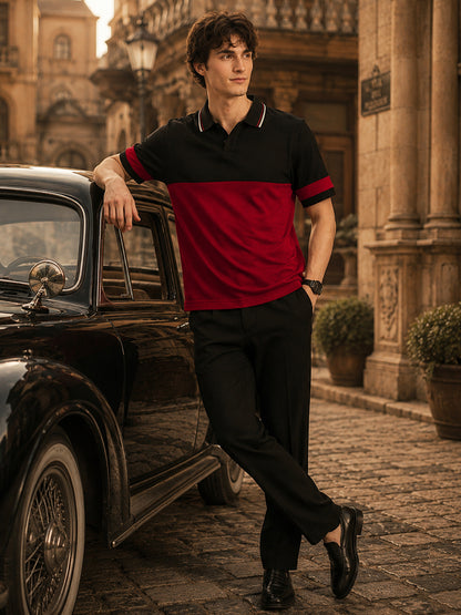 Leotude Men's Black Red Colour Block Polo T-Shirt
