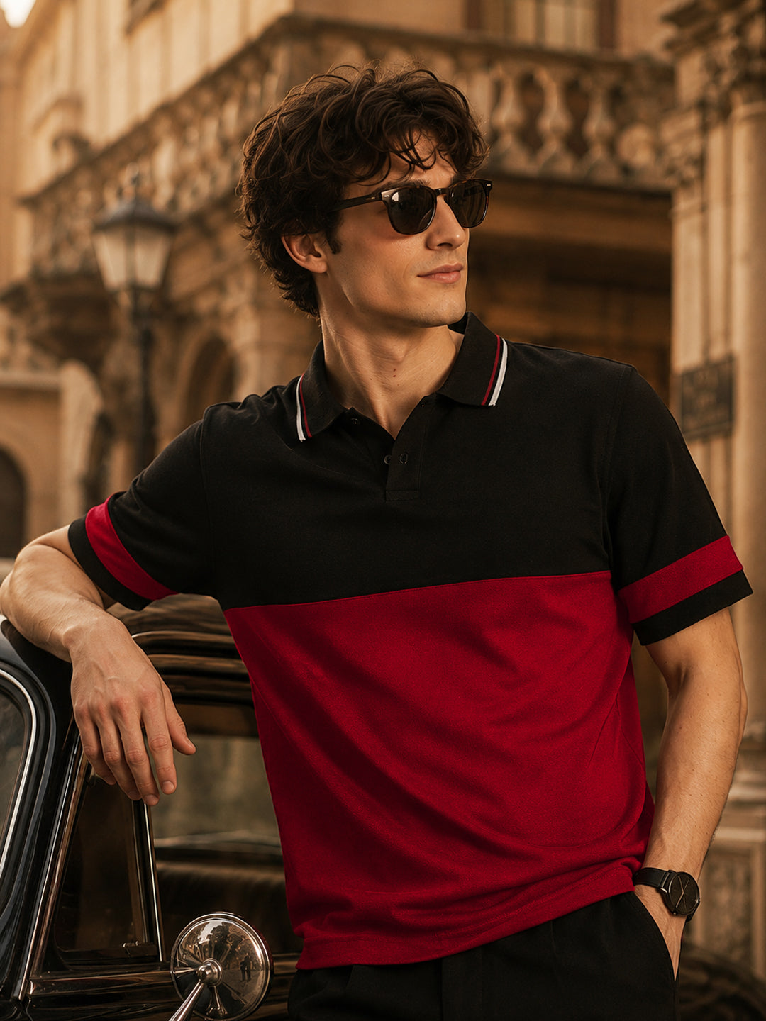 Leotude Men's Black Red Colour Block Polo T-Shirt