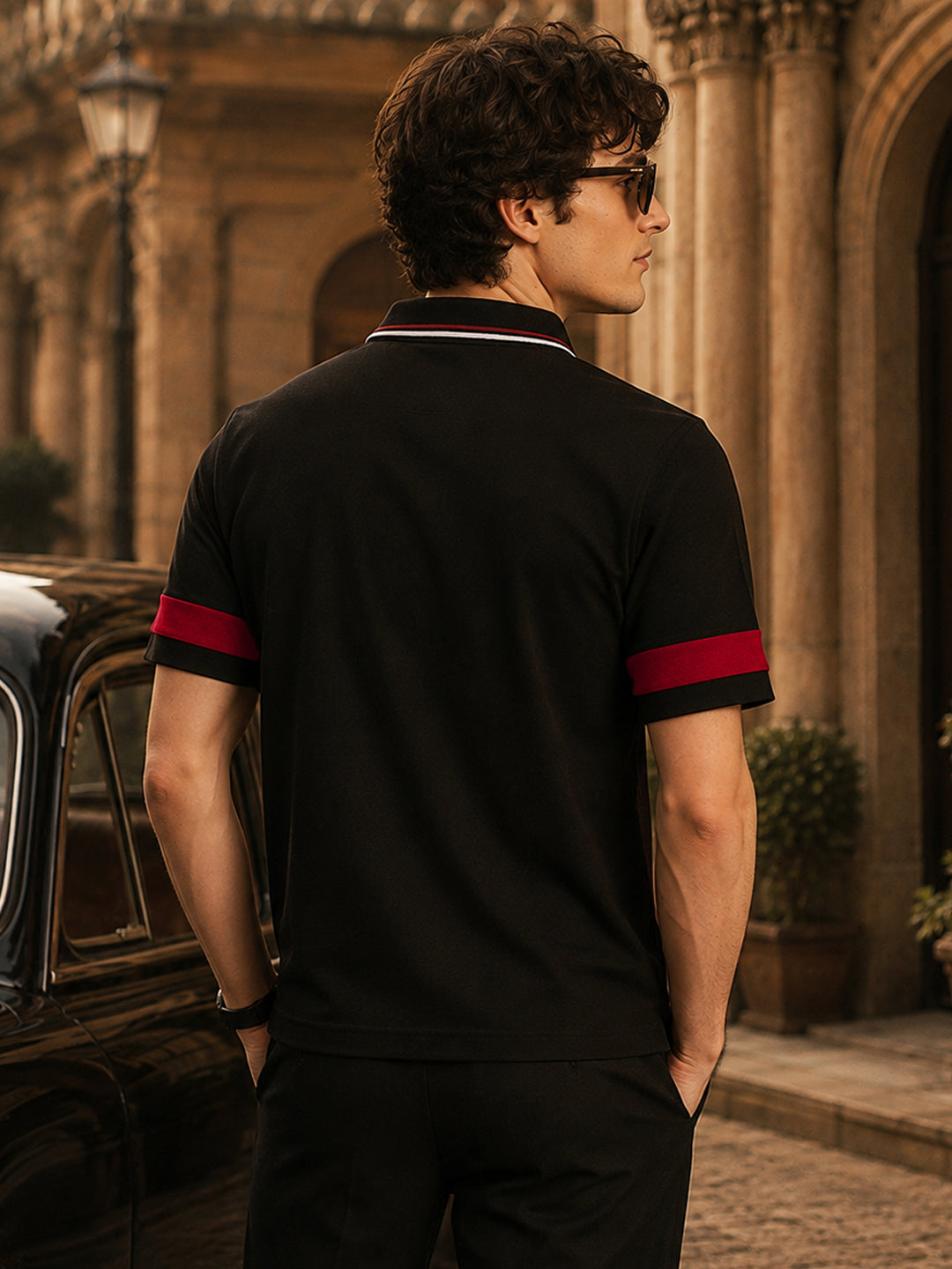 Leotude Men's Black Red Colour Block Polo T-Shirt