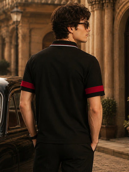 Leotude Men's Black Red Colour Block Polo T-Shirt