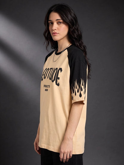 Leotude Women's Flame Print Raglan T-Shirt — Beige Oversized Tee