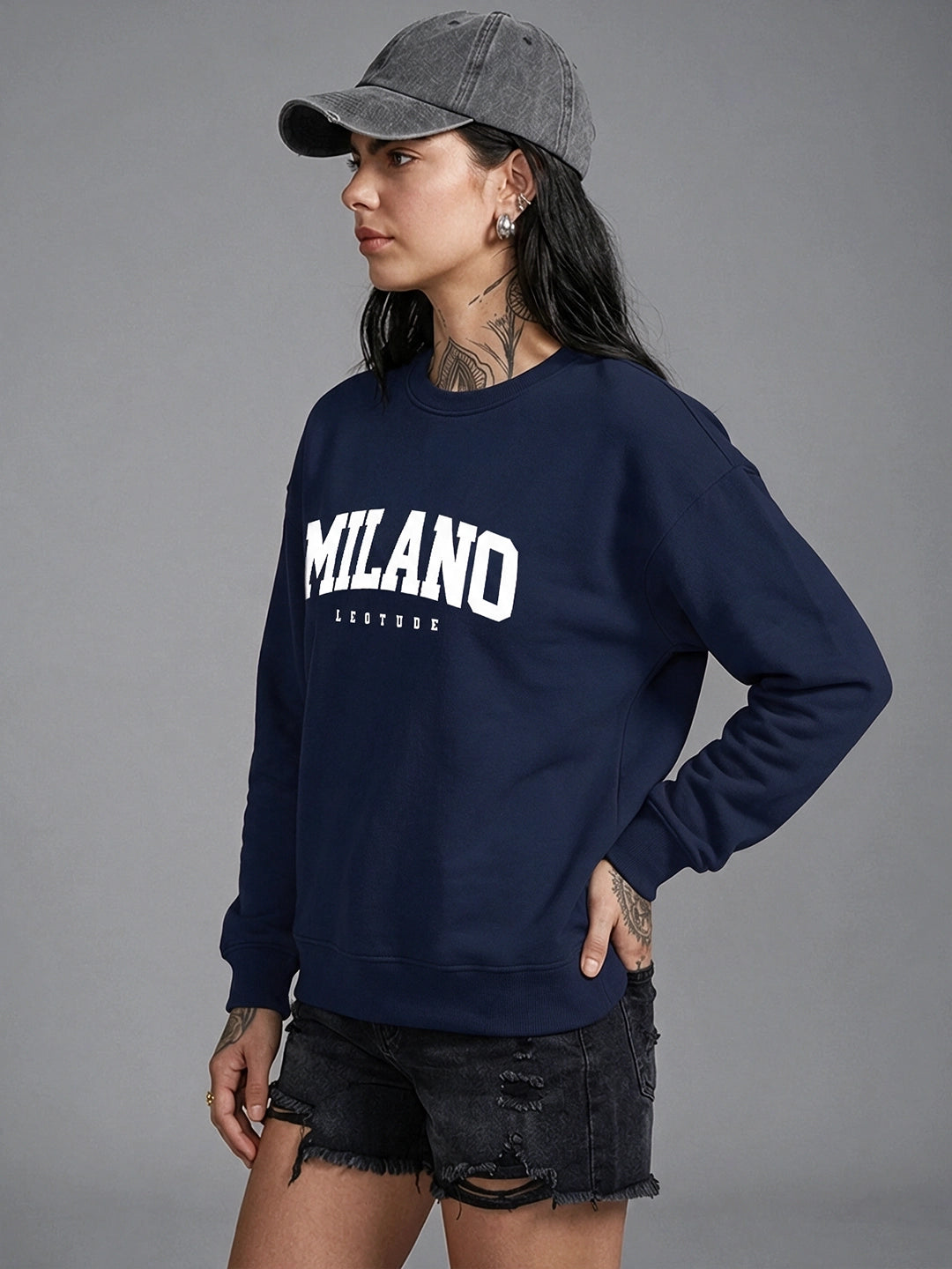 Leotude Women's Navy Blue MILANO Typography Printed Sweatshirt