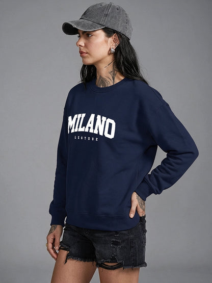 Leotude Women's Navy Blue MILANO Typography Printed Sweatshirt