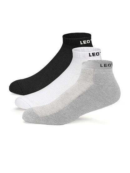 Leotude Ankle Socks Combo — Pack of 3 Unisex Cotton Socks (Black, White, Grey)