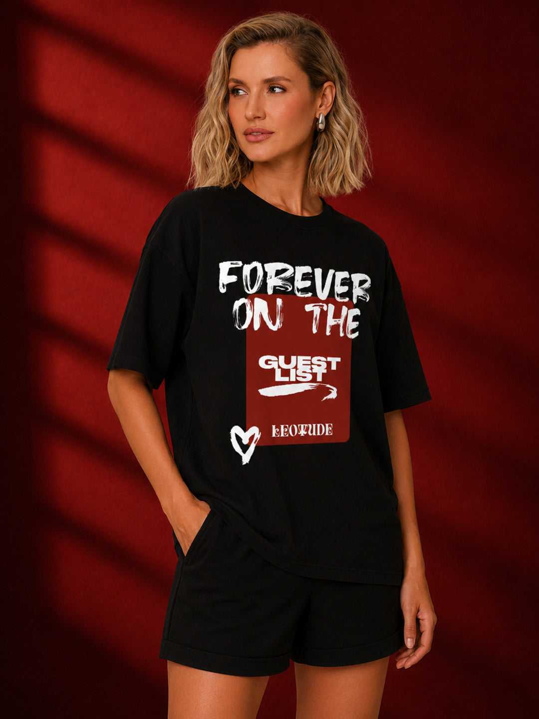 Leotude Black Forever Printed Oversized Tshirt for Women
