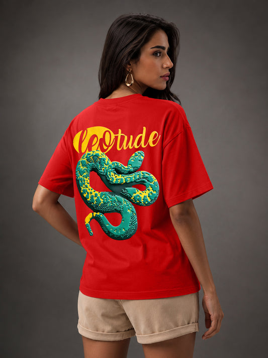 Leotude Women's Red Snake Premium Puff Print T-Shirt