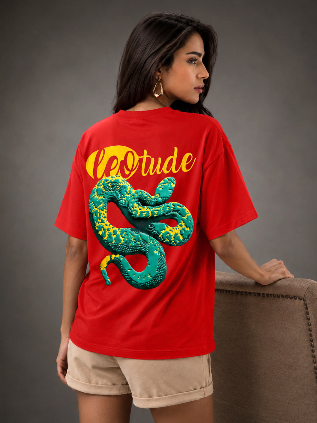 Leotude Women's Red Snake Premium Puff Print T-Shirt