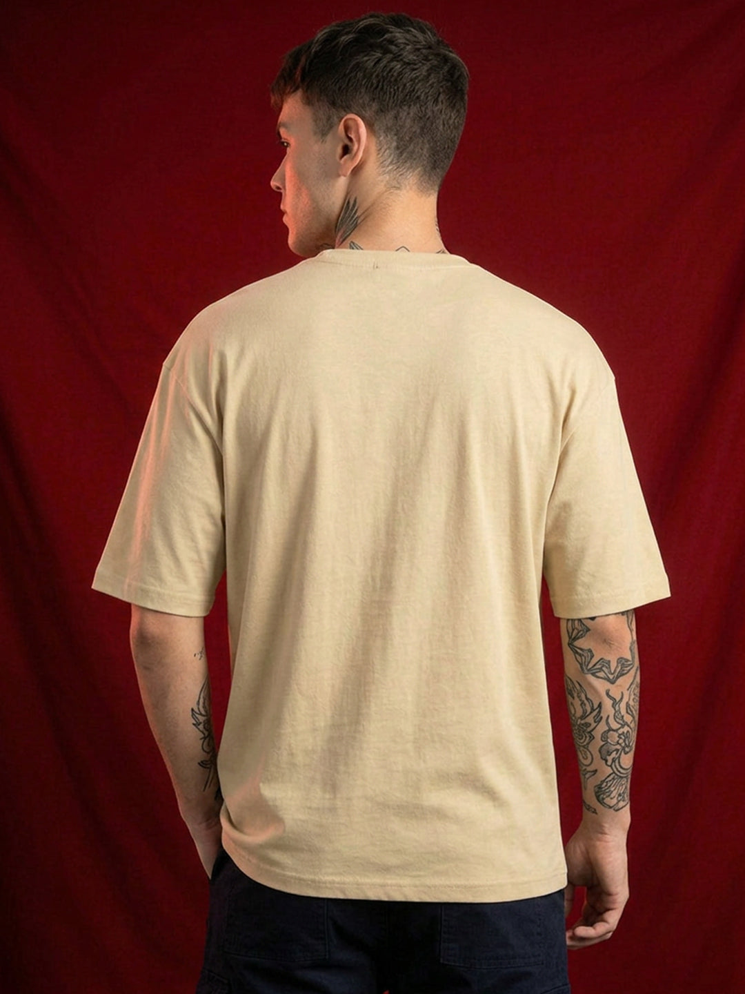Leotude Men's Samurai Panther Printed T-Shirt — Beige Oversized Graphic Tee