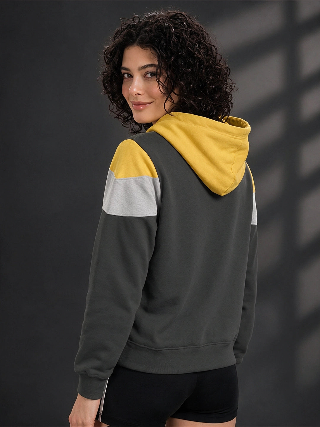 Leotude Women's Yellow, Grey & Anthracite Colourblocked Hooded Sweatshirt