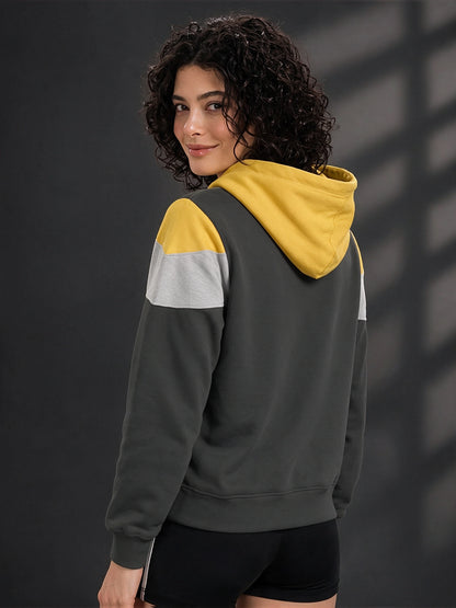 Leotude Women's Yellow, Grey & Anthracite Colourblocked Hooded Sweatshirt