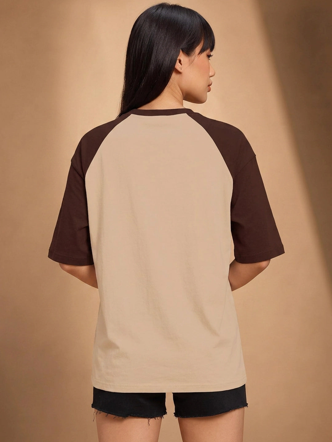 Leotude Women's Beige Motorsport Raglan Oversized T-Shirt