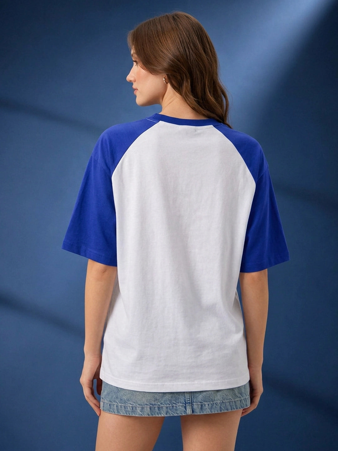 Leotude Women's "Phoenix City" Printed Raglan T-Shirt — White & Blue Oversized Tee