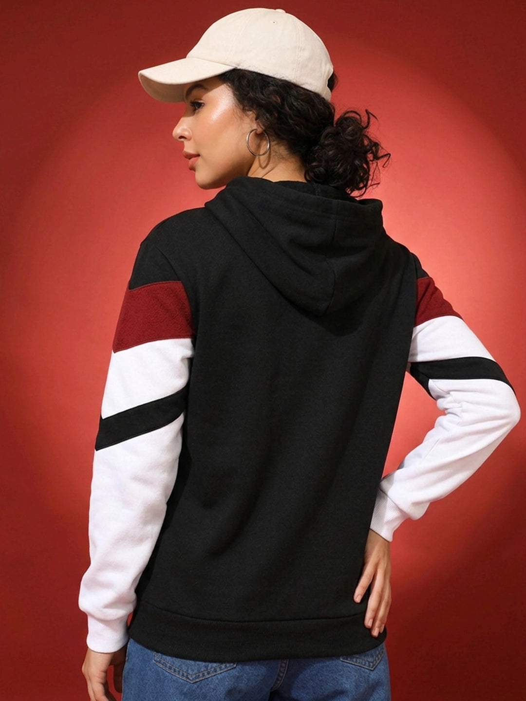 Leotude Women's Black, Maroon & White Colourblocked Hooded Sweatshirt