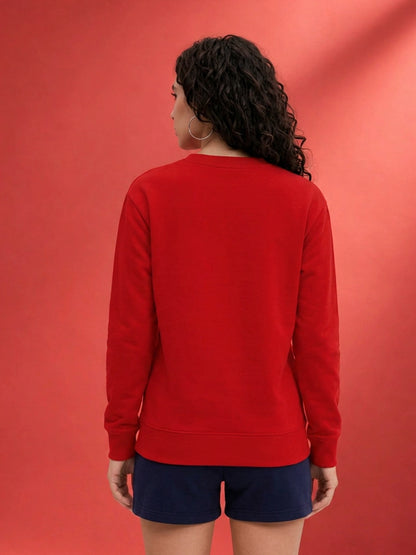 Leotude Women's Solid Red Round Neck Sweatshirt