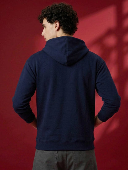 Leotude Navy Blue Solid Hooded Sweatshirt for Men
